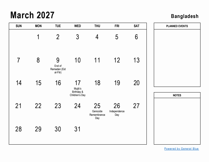 March 2027 Printable Monthly Calendar with Bangladesh Holidays