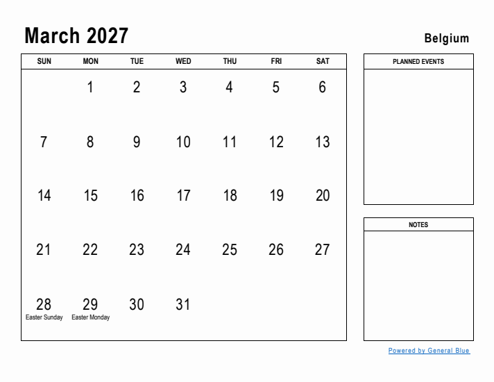 March 2027 Printable Monthly Calendar with Belgium Holidays