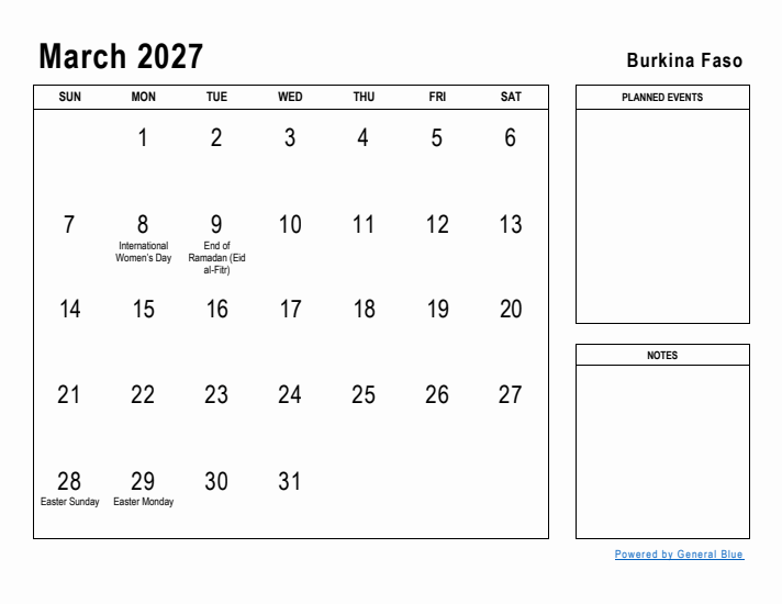 March 2027 Printable Monthly Calendar with Burkina Faso Holidays