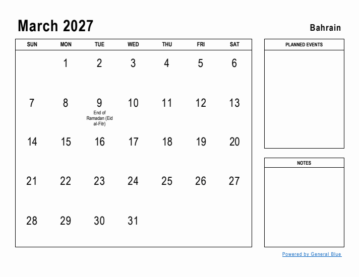 March 2027 Printable Monthly Calendar with Bahrain Holidays