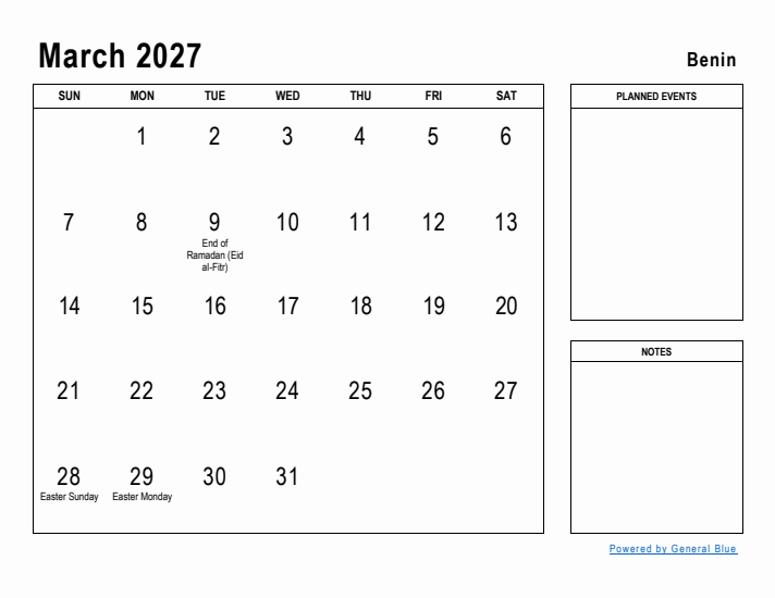 March 2027 Printable Monthly Calendar with Benin Holidays