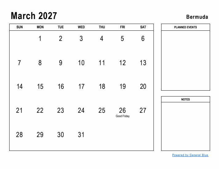 March 2027 Printable Monthly Calendar with Bermuda Holidays