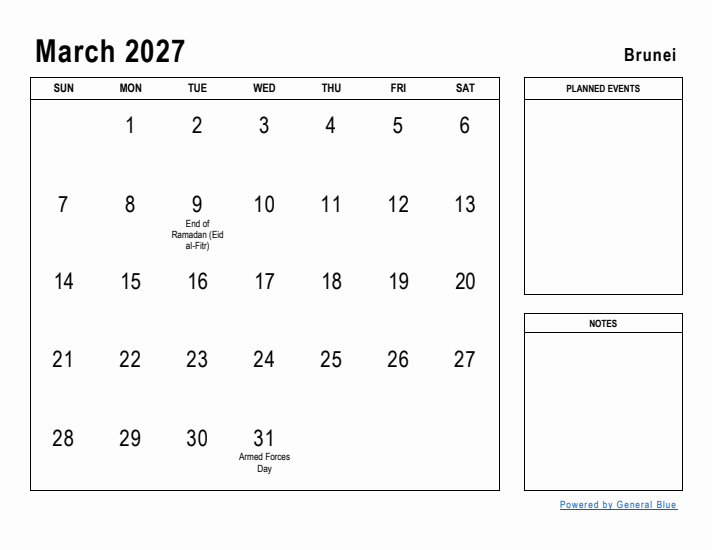 March 2027 Printable Monthly Calendar with Brunei Holidays