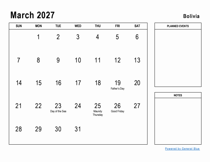 March 2027 Printable Monthly Calendar with Bolivia Holidays