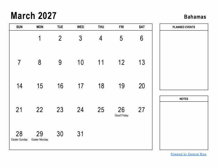 March 2027 Printable Monthly Calendar with Bahamas Holidays