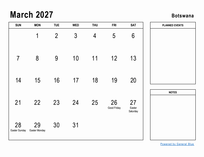 March 2027 Printable Monthly Calendar with Botswana Holidays