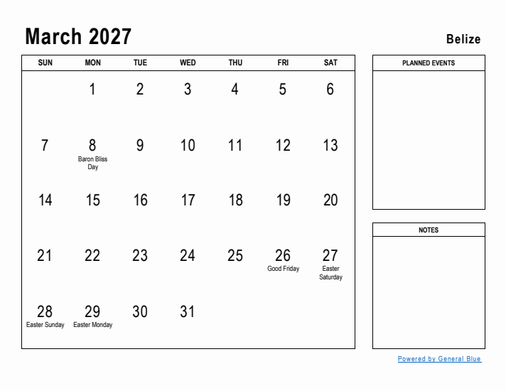 March 2027 Printable Monthly Calendar with Belize Holidays