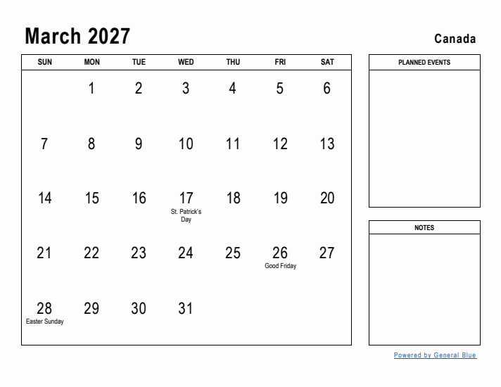 March 2027 Printable Monthly Calendar with Canada Holidays