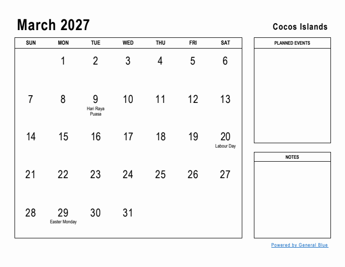 March 2027 Printable Monthly Calendar with Cocos Islands Holidays