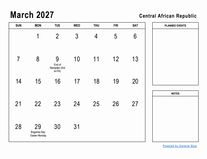 March 2027 Printable Monthly Calendar with Central African Republic Holidays