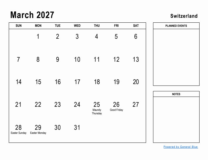 March 2027 Printable Monthly Calendar with Switzerland Holidays