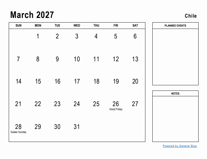 March 2027 Printable Monthly Calendar with Chile Holidays