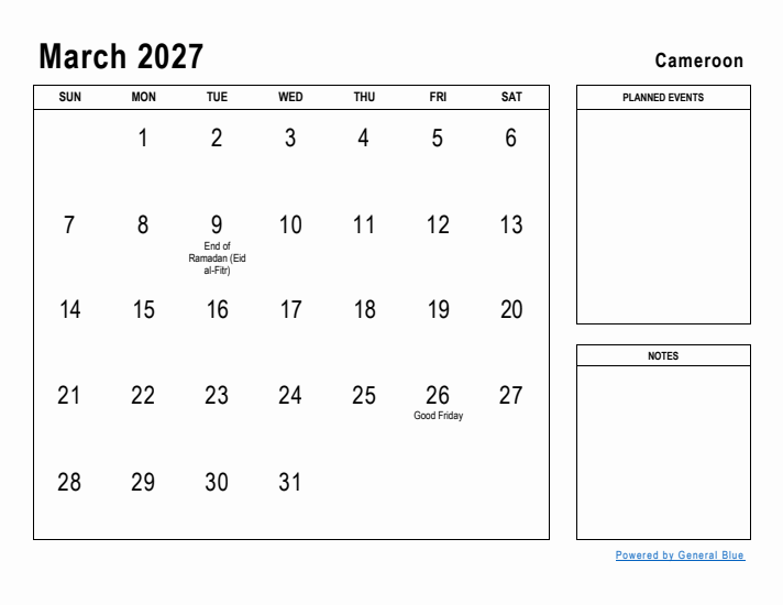 March 2027 Printable Monthly Calendar with Cameroon Holidays