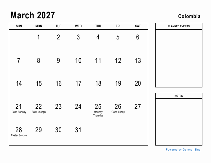 March 2027 Printable Monthly Calendar with Colombia Holidays