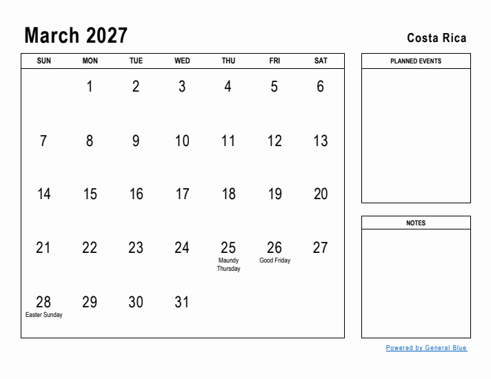 March 2027 Printable Monthly Calendar with Costa Rica Holidays