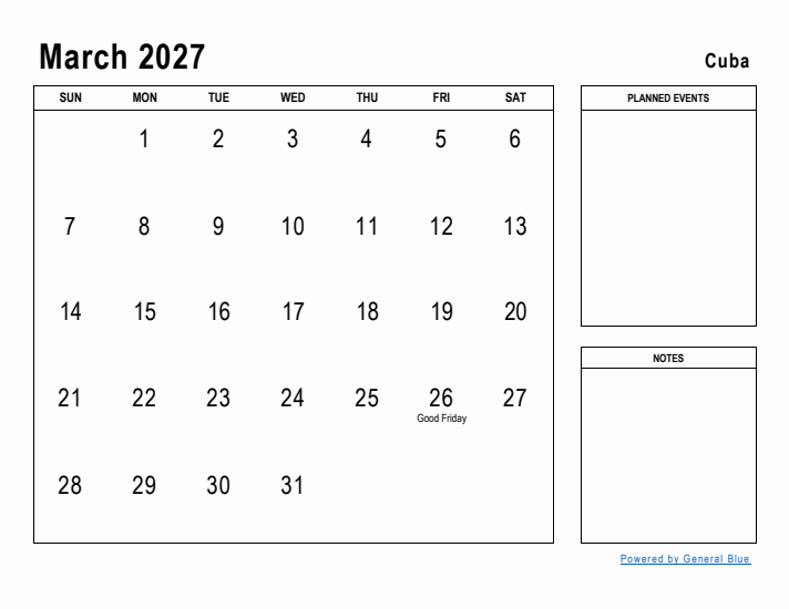 March 2027 Printable Monthly Calendar with Cuba Holidays