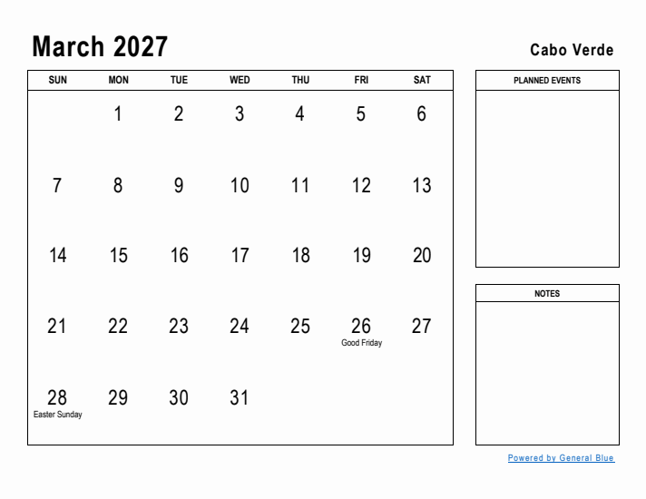 March 2027 Printable Monthly Calendar with Cabo Verde Holidays