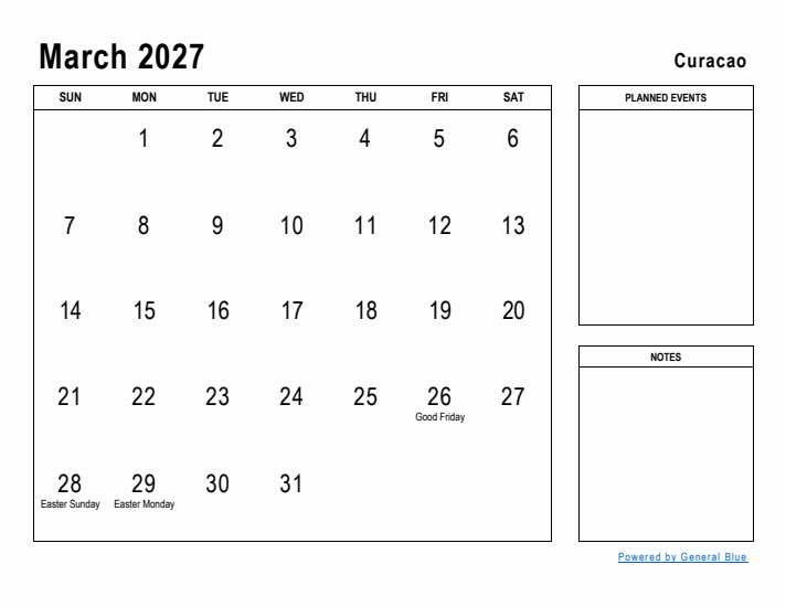 March 2027 Printable Monthly Calendar with Curacao Holidays