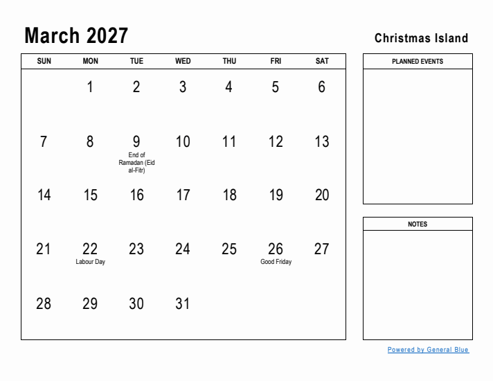 March 2027 Printable Monthly Calendar with Christmas Island Holidays