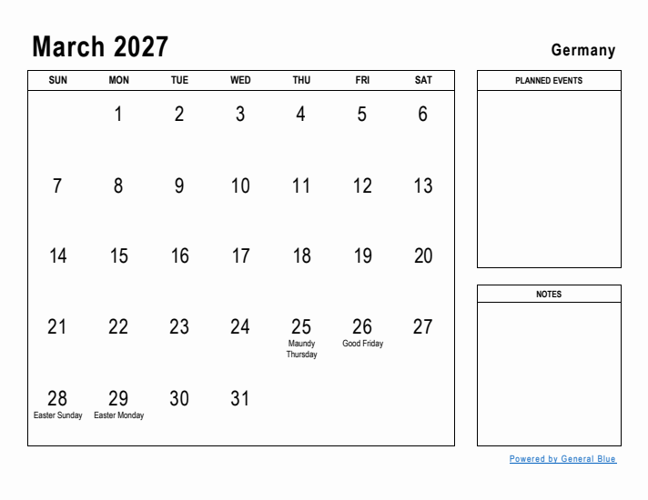 March 2027 Printable Monthly Calendar with Germany Holidays