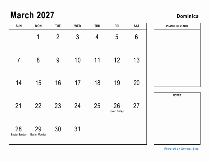 March 2027 Printable Monthly Calendar with Dominica Holidays