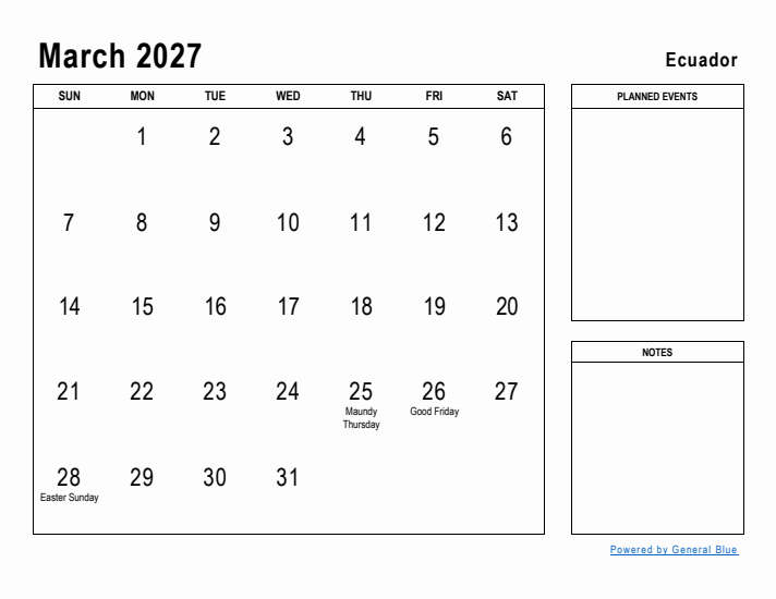 March 2027 Printable Monthly Calendar with Ecuador Holidays