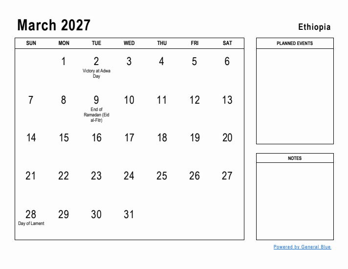 March 2027 Printable Monthly Calendar with Ethiopia Holidays