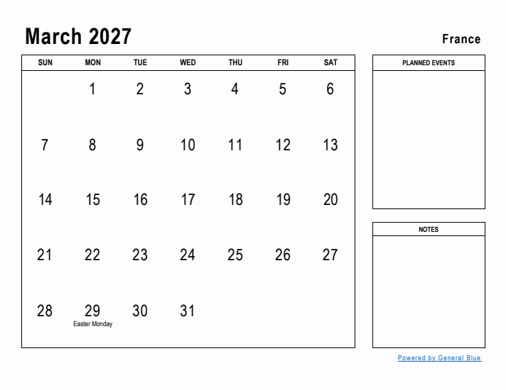 March 2027 Printable Monthly Calendar with France Holidays