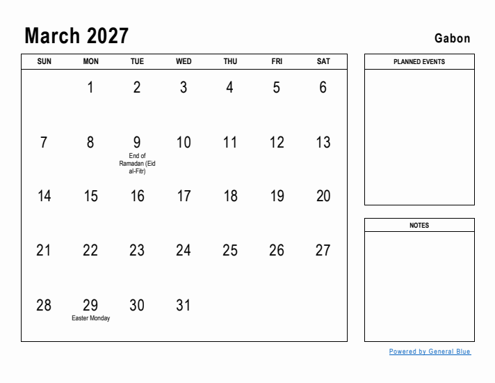 March 2027 Printable Monthly Calendar with Gabon Holidays