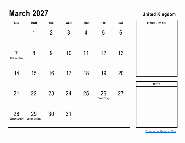 March 2027 Printable Monthly Calendar with United Kingdom Holidays