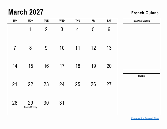 March 2027 Printable Monthly Calendar with French Guiana Holidays