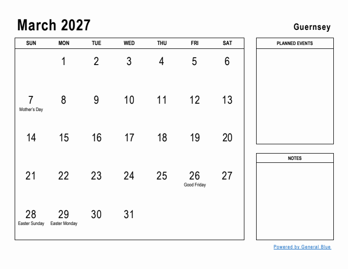 March 2027 Printable Monthly Calendar with Guernsey Holidays