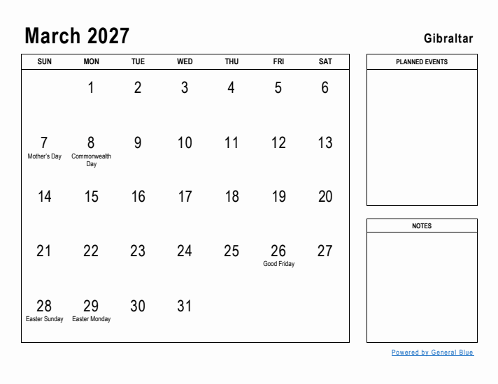 March 2027 Printable Monthly Calendar with Gibraltar Holidays