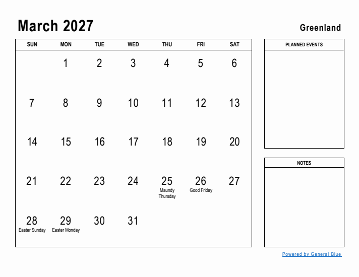 March 2027 Printable Monthly Calendar with Greenland Holidays