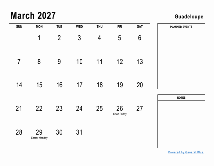 March 2027 Printable Monthly Calendar with Guadeloupe Holidays