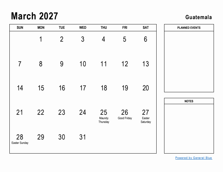 March 2027 Printable Monthly Calendar with Guatemala Holidays