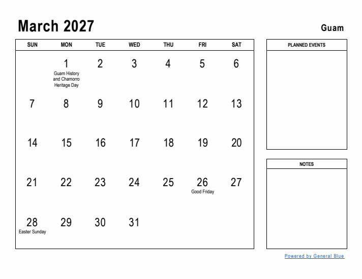 March 2027 Printable Monthly Calendar with Guam Holidays