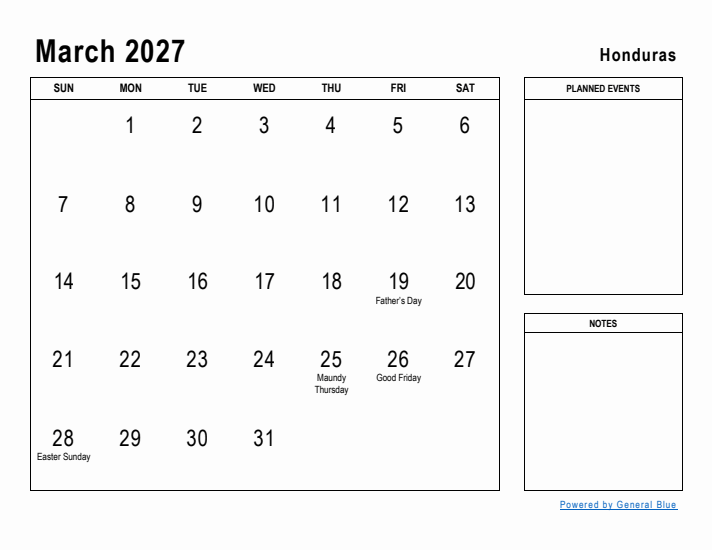 March 2027 Printable Monthly Calendar with Honduras Holidays