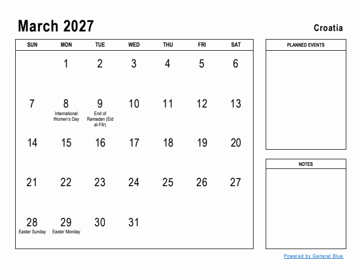 March 2027 Printable Monthly Calendar with Croatia Holidays