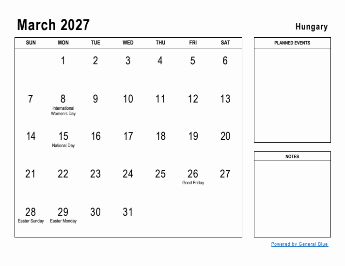 March 2027 Printable Monthly Calendar with Hungary Holidays