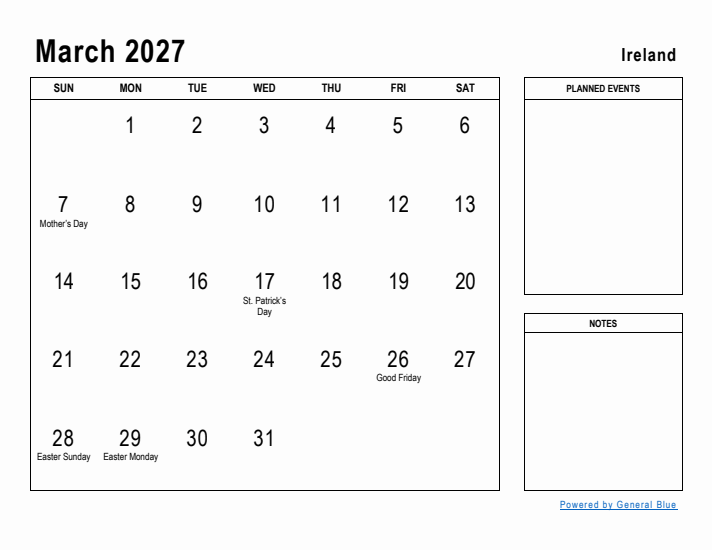 March 2027 Printable Monthly Calendar with Ireland Holidays