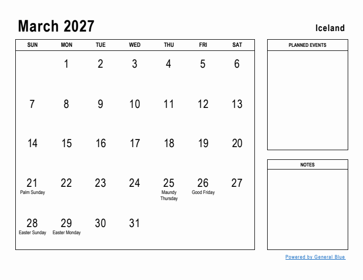 March 2027 Printable Monthly Calendar with Iceland Holidays