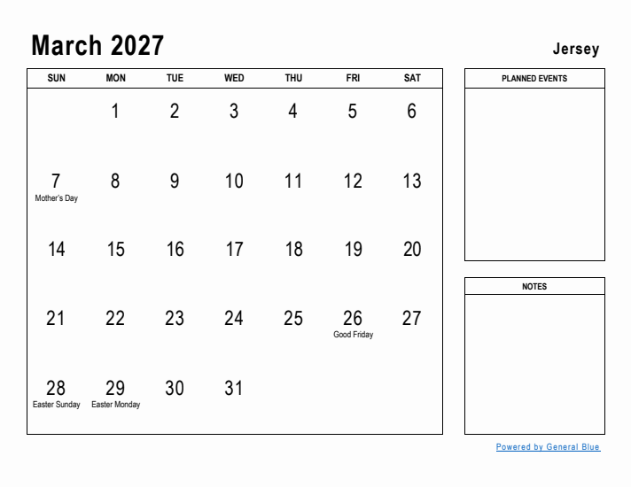 March 2027 Printable Monthly Calendar with Jersey Holidays