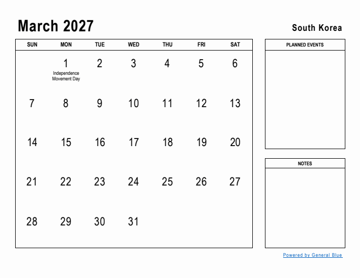 March 2027 Printable Monthly Calendar with South Korea Holidays