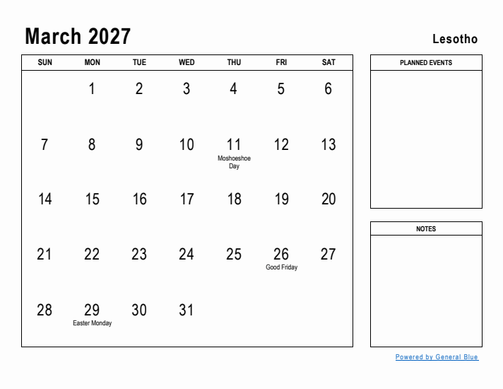 March 2027 Printable Monthly Calendar with Lesotho Holidays