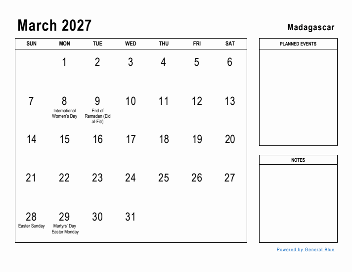 March 2027 Printable Monthly Calendar with Madagascar Holidays