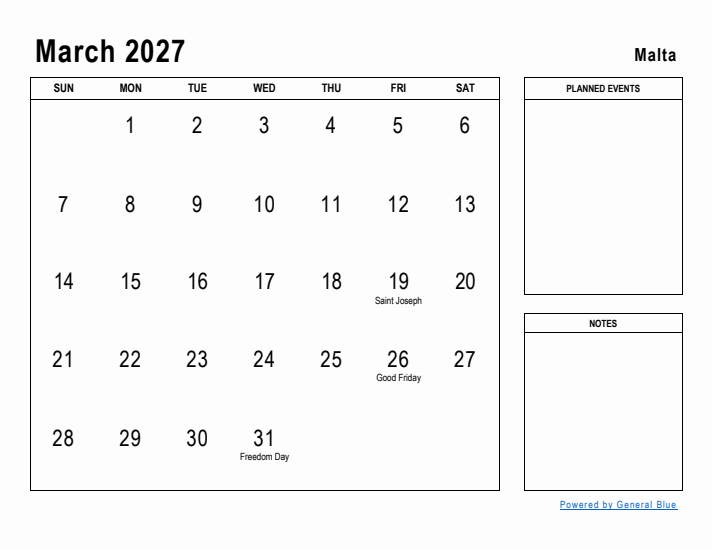 March 2027 Printable Monthly Calendar with Malta Holidays