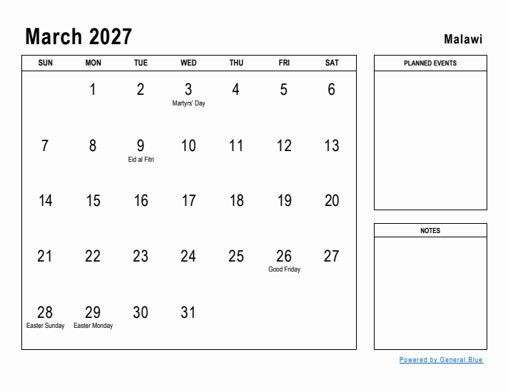 March 2027 Printable Monthly Calendar with Malawi Holidays