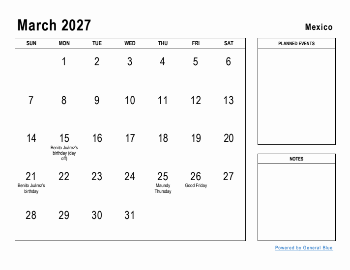 March 2027 Printable Monthly Calendar with Mexico Holidays