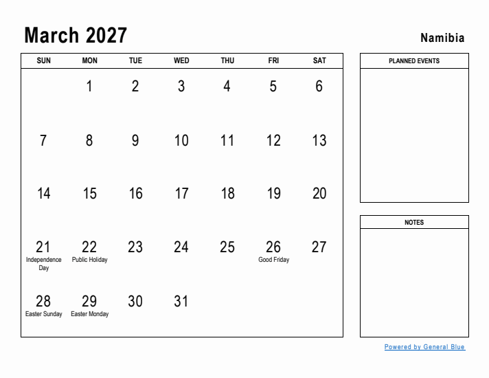 March 2027 Printable Monthly Calendar with Namibia Holidays